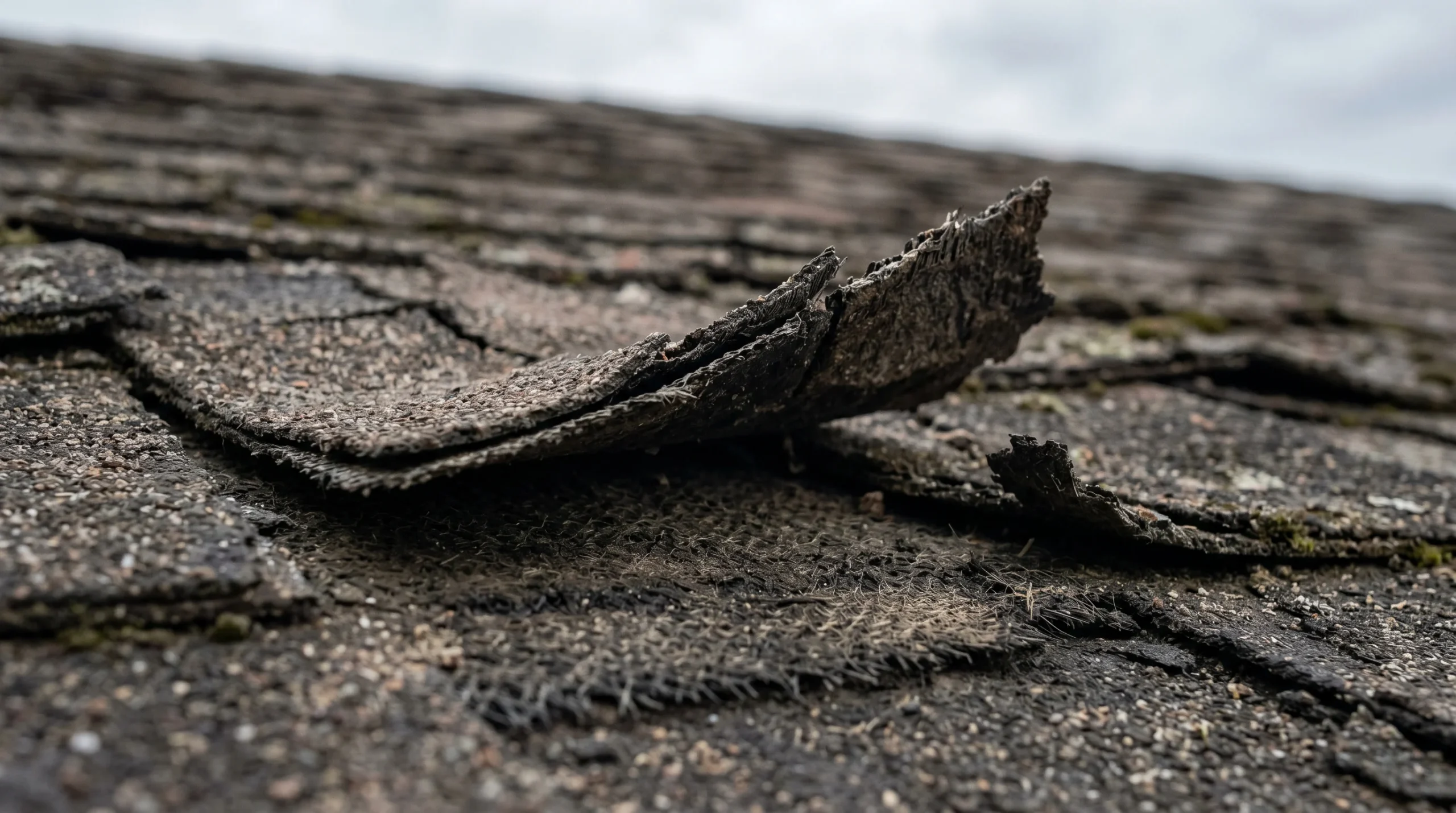 Asphalt shingles showing curling and granule loss — signs of end-of-life roof