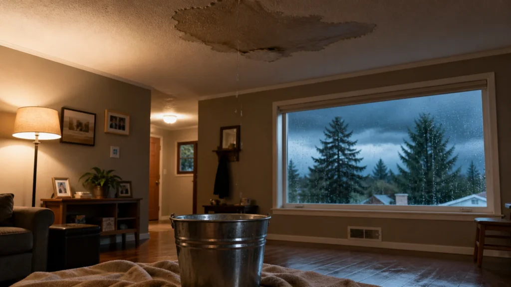 Roof leak in a Pacific Northwest home interior with bucket catching water during a storm