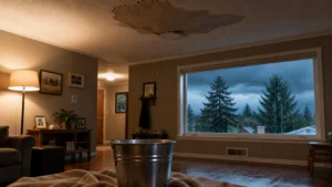 Roof leak in a Pacific Northwest home interior with bucket catching water during a storm