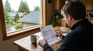 homeowner reviewing roofing contractor estimate King County
