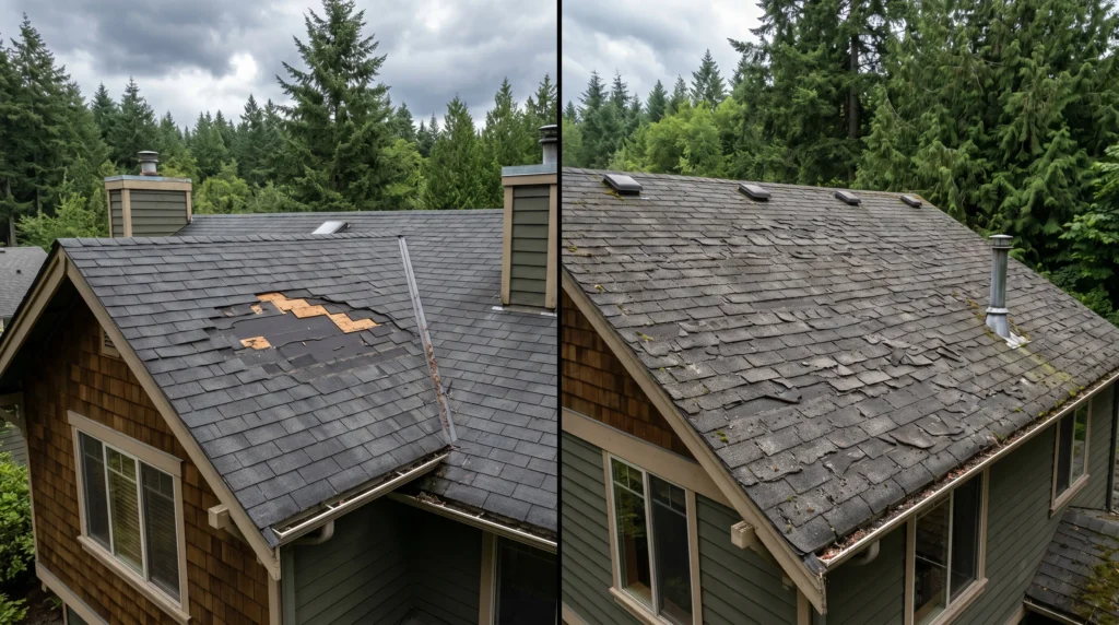 Side-by-side comparison: King County roof with localized damage on the left vs fully aged roof needing replacement on the right