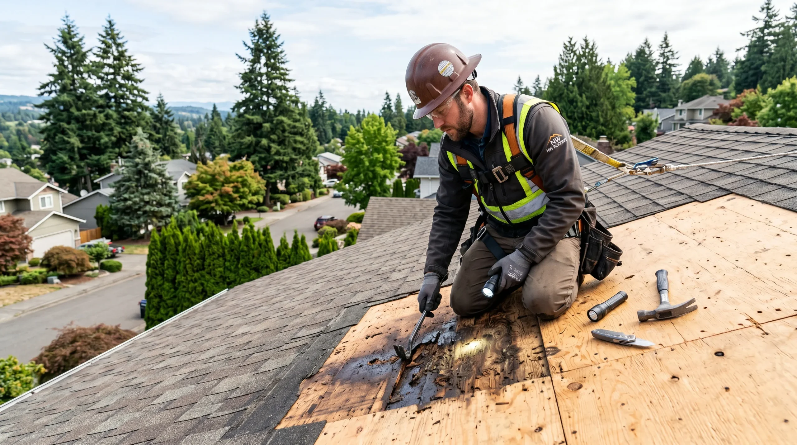 Roofer in safety harness inspecting roof decking after partial shingle removal