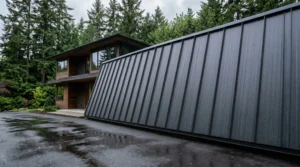 Dark standing seam metal roof on contemporary Bellevue Washington home with Douglas fir trees