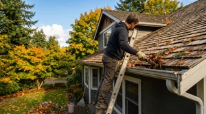 Homeowner clearing a King County gutter in early autumn before storm season