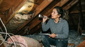 Homeowner inspecting attic decking for roof leak signs with a flashlight
