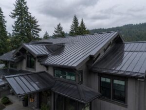 Standing seam metal roof on a Pacific Northwest home in light rain