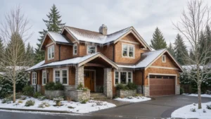 Icicles and ice dam forming on the eaves of a Pacific Northwest home in winter