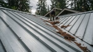 Roofer clearing pine needles from a standing seam metal roof valley in the Pacific Northwest