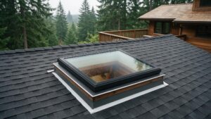 New deck-mounted skylight installed on an architectural asphalt shingle roof of a Pacific Northwest home